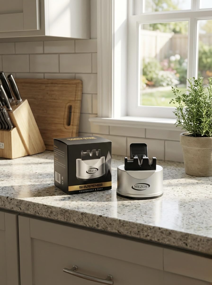 Kitchen Chef Knife and Scissors Sharpener - 3-Stage Sharpening Tool for Straight and Serrated Knives - Repair and Restore Blades