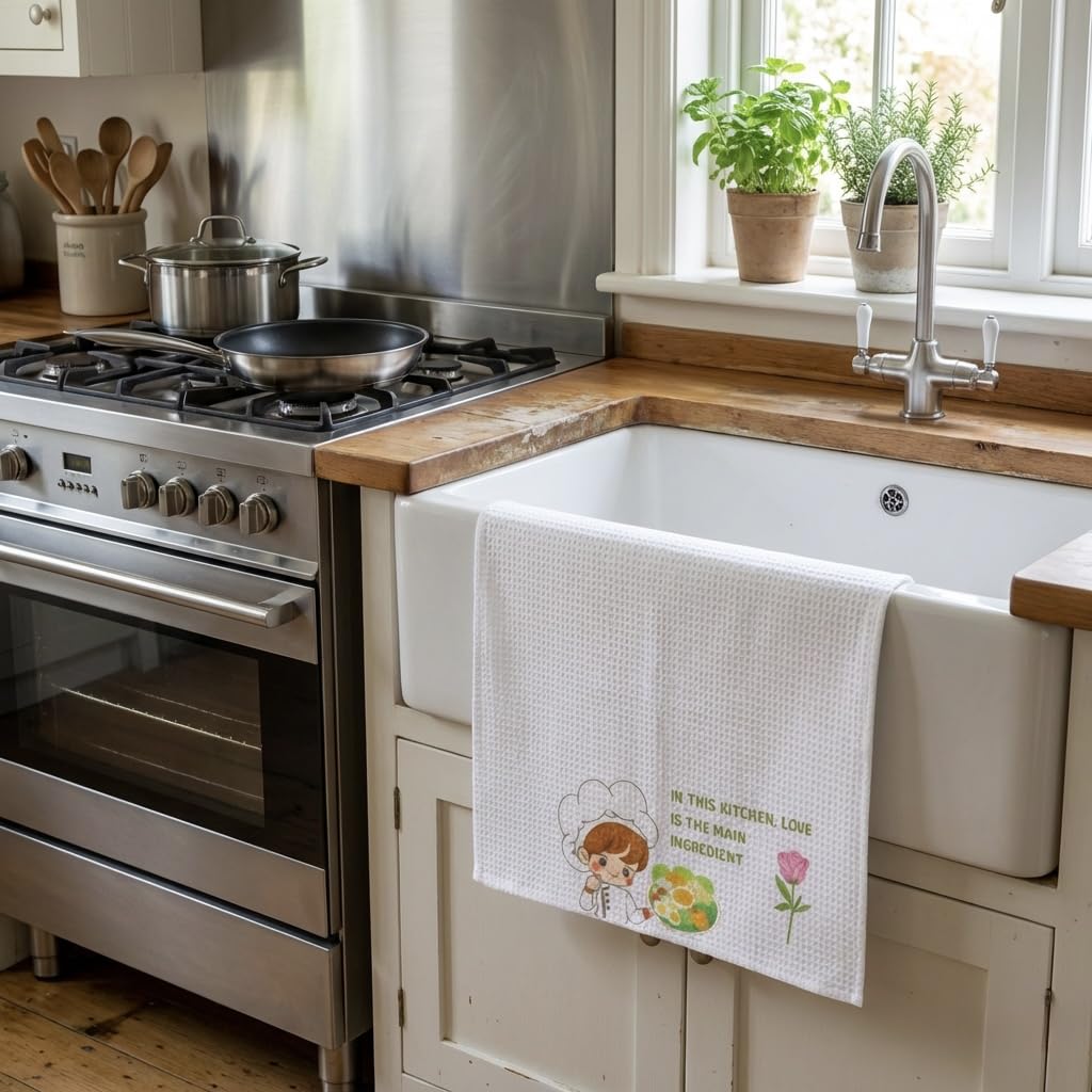 MEZOS Waffle Weave Kitchen Tea Towels, Pack of 2, Polyester Sublimation Dish Towels with Chef Design, 16x24 Inch, Soft, Absorbent, Machine Washable