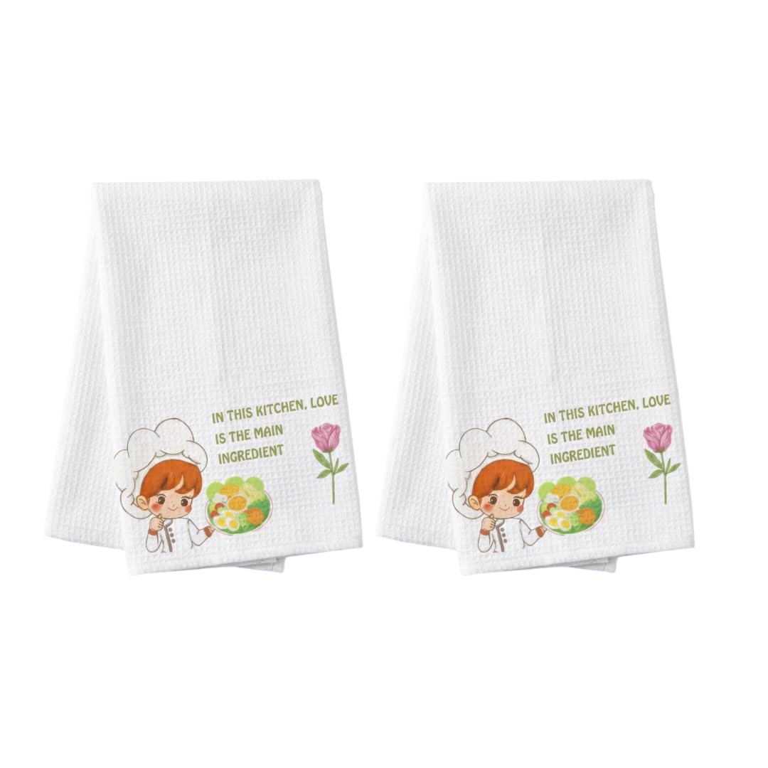 MEZOS Waffle Weave Kitchen Tea Towels, Pack of 2, Polyester Sublimation Dish Towels with Chef Design, 16x24 Inch, Soft, Absorbent, Machine Washable