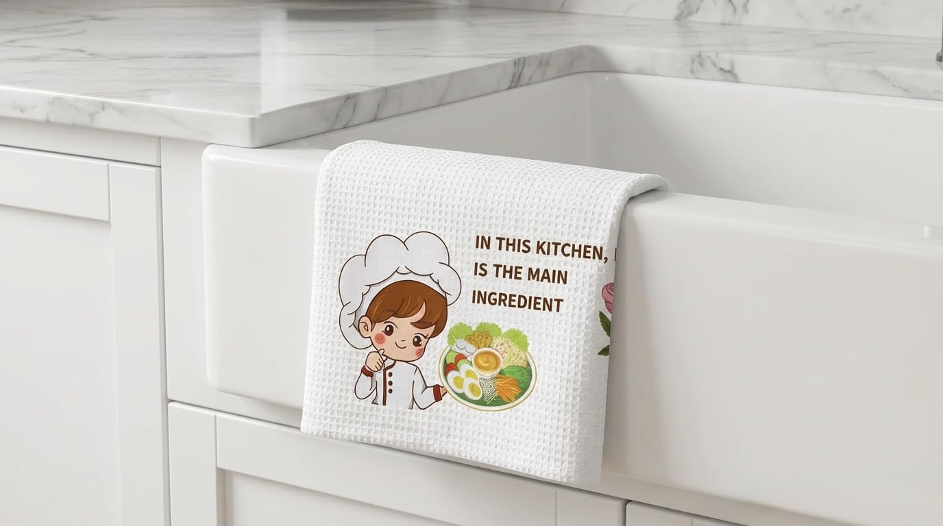 MEZOS Waffle Weave Kitchen Tea Towels, Pack of 2, Polyester Sublimation Dish Towels with Chef Design, 16x24 Inch, Soft, Absorbent, Machine Washable