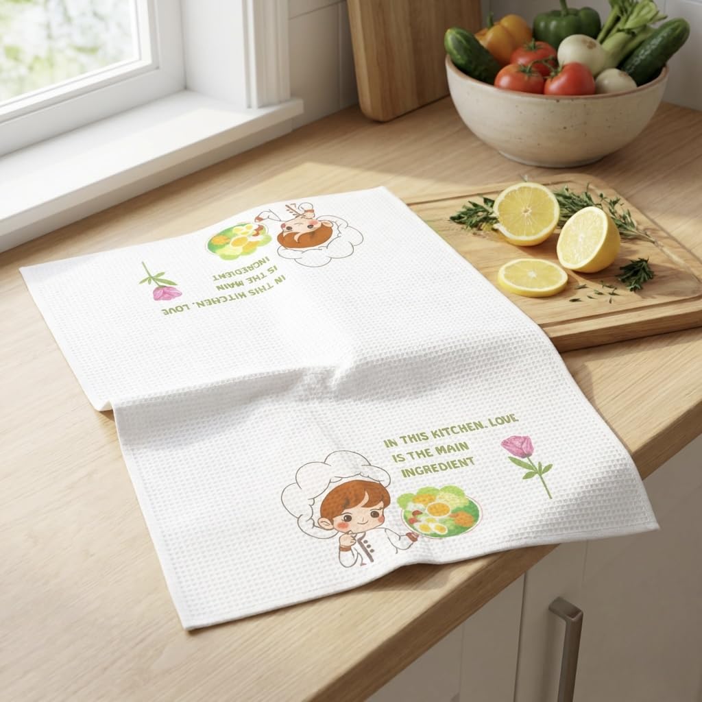 MEZOS Waffle Weave Kitchen Tea Towels, Pack of 2, Polyester Sublimation Dish Towels with Chef Design, 16x24 Inch, Soft, Absorbent, Machine Washable