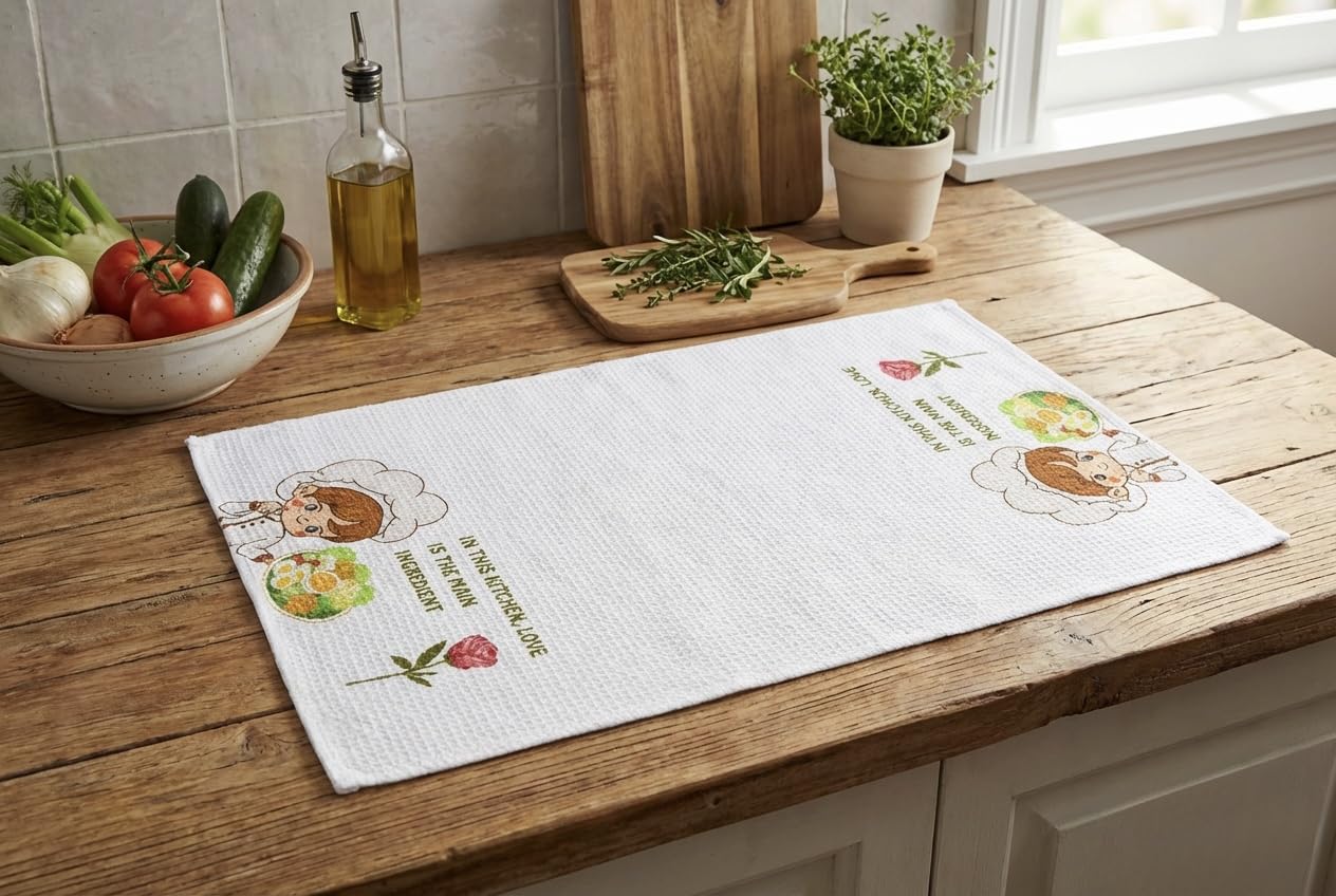 MEZOS Waffle Weave Kitchen Tea Towels, Pack of 2, Polyester Sublimation Dish Towels with Chef Design, 16x24 Inch, Soft, Absorbent, Machine Washable